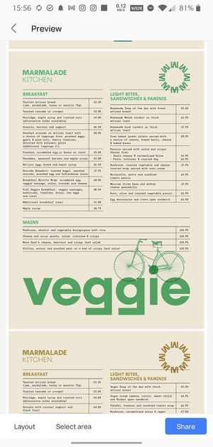 Also a veggie menu at Marmalade Kitchen in Rhos On Sea