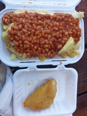 Vegan cheese, beans and chips, Vegan Haloumi Fry at Beachcliff Fish & Chips in Penarth