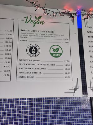 Current vegan menu at Beachcliff Fish & Chips in Penarth