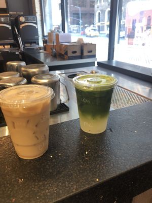 chai with oat milk and matcha lemonade   at Gregory's Coffee - 6th Ave in New York City