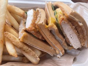 Waffle Chick’n Sandwich had me floating in the clouds. Sweet soft waffle with savory almond chipotle sauce, dairy free cheddar and a lightly breaded perfectly textured Chick’n. at Lokales in Bayamon