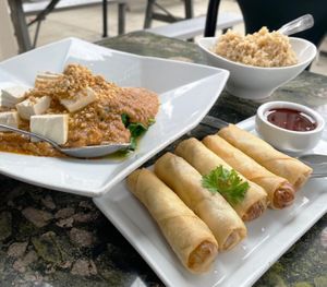 Crispy Spring Rolls, Classic Thai Vegan (pan-fried spinach and tofu with delicious peanut sauce), and brown rice. at My Thai in San Luis Obispo