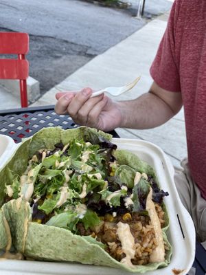Burrito bowl (vegan ingredients: rice, lettuce, veggies, chipotle mayo, cilantro in a spinach tortilla)  at Unity Taqueria in Philadelphia