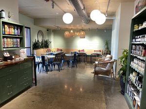 Almost always an empty seating area (bathrooms to the right)  at Soulberry Natural Market in New Hope
