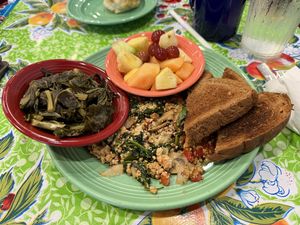 Tofu scramble and collard greens  at Flying Biscuit Cafe in Charlotte