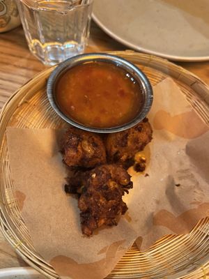 Sweet corn fritters (so delicious we’d already eaten half of them!)  at Tai Kitchen in South East London
