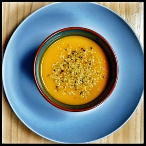 Pumpkin soup with canapa seeds at La Cosa Vegana in Granada