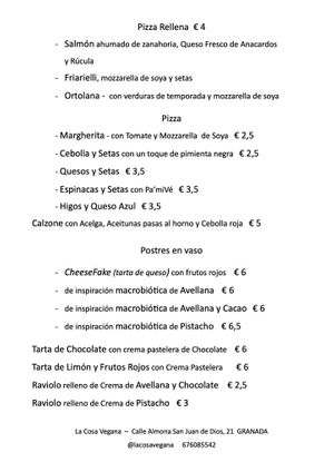 September Menu at La Cosa Vegana in Granada