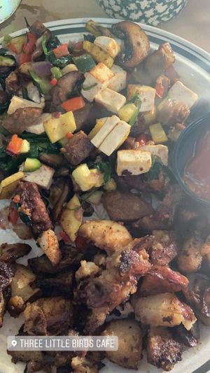 Veggie scramble no egg, added potatoes at Three Little Birds Cafe in Charleston
