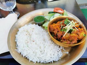 Vegan Alu Bhindi Masala & Alu Gobi combined at Ravintola Siddhartha in Haemeenlinna