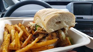 The Grumpy Goose ($15). Pretty good philly cheesesteak. Nicely cooked seitan. Bread was too thick, though. at The Grumpy Goose in Duluth