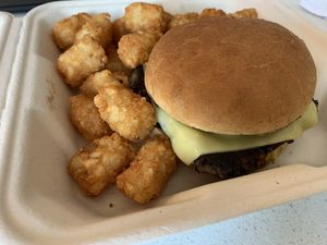 Wild Rice burger with tater tots  at The Grumpy Goose in Duluth