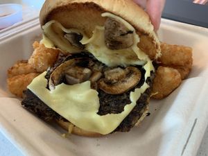 Vegan Wild Rice Burger with sautéed mushrooms  at The Grumpy Goose in Duluth