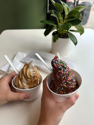 Coconut soft serve ice cream: Caramel + chocolate & sprinkles at Vegateau in Montreal