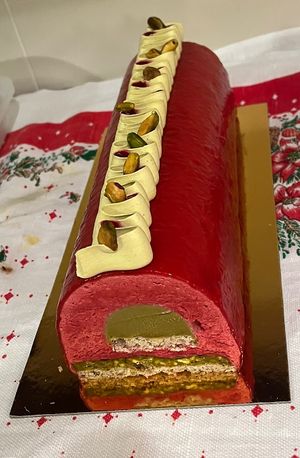 Raspberry pistachio log   at Vegateau in Montreal