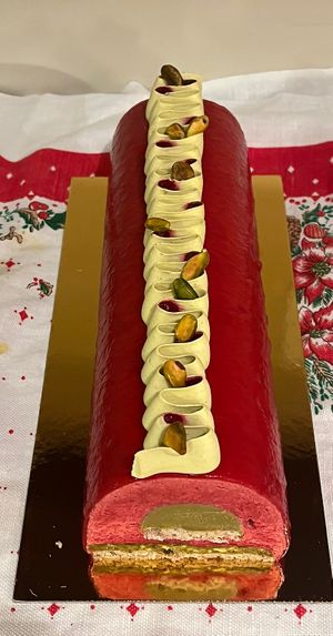 Raspberry pistachio log   at Vegateau in Montreal