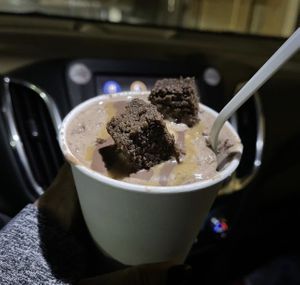 Handshake with chocolate cake pieces and caramel   at Vaca's Creamery in Chicago