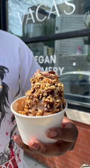 Remnants of my husband’s Candy bar sundae !  at Vaca's Creamery in Chicago