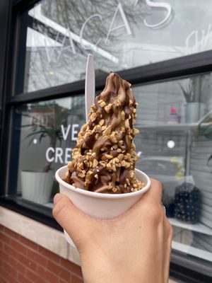 Chocolate hazelnut soft serve with the candy bar sundae toppings  at Vaca's Creamery in Chicago