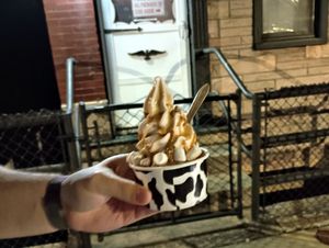 Vanilla soft serve with marshmallows and miso caramel at Vaca's Creamery in Chicago