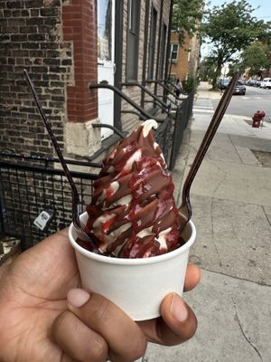 Vanilla with chocolate shell and strawberry sauce. Simple!  at Vaca's Creamery in Chicago