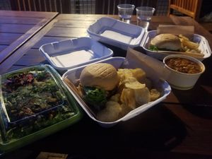 Southwestern salad, Power Plant burgers made vegan, vegan chili, kettle chips at Yavapai Tavern in Grand Canyon Village