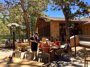 Outdoor dining within the Grand Canyon. They have fires and heaters at night. at Yavapai Tavern in Grand Canyon Village