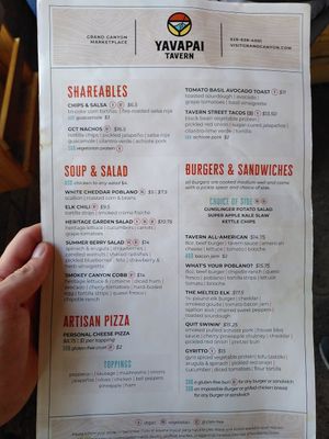 Menu 1 with vegan labels at Yavapai Tavern in Grand Canyon Village