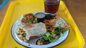 Burrito, salad, agua fresca drink at Burrito Piñata San Pancho in San Francisco