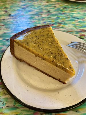 Passionfruit cheesecake with chocolate cookie crust 🤤   at Burrito Piñata San Pancho in San Francisco