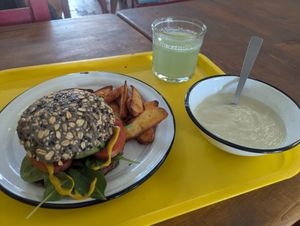 Burger and fries were fine. Soup was so basic at Burrito Piñata San Pancho in San Francisco