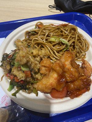 Chow mein with salt and pepper ‘calimari’ (mushrooms) and sweet and sour shrimp (guessing that’s made with soy) at Veggie Village in Chandler