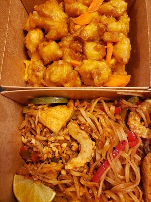Pad thai with vegan shrimp and vegan orange chicken at Veggie Village in Chandler