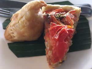 Tomato quiche and potato okara samosa at Warung Sopa - Jl Sugriwa in Ubud
