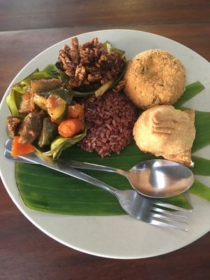 Red rice (small), ratatouille, tempeh manis, potato samossa & tofu farafel Bali - 42K at Warung Sopa - Jl Sugriwa in Ubud