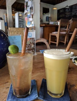 tamarind ginger lime soda and balinese sugar cane juice with ginger and lime at Warung Sopa - Jl Sugriwa in Ubud