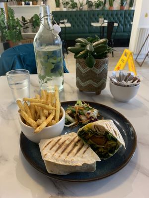 Vegan Chicken Caesar Wrap with Cajun fries  at Moka  in Ardrossan