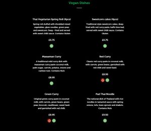 Vegan menu at Udon Thai Street Food in Leven