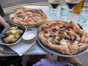 The one with all the seasons pizza for me (olives, artichoke, mushies and beets); cheesy potatoes and a margarita with smoked mozzarella *gasps* for my partner. at Purezza in Manchester