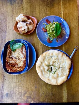GF lasagna & garlic flatbread. Pesto corgetti spaghetti & garlic doughballs   at Purezza in Manchester