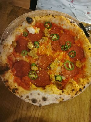 Pepperoni, jalapeño, sausage crumb at Purezza in Manchester