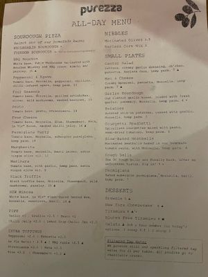 Menu on March 1 2024 at Purezza in Manchester