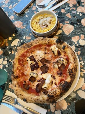 Vegan Four Cheese Pizza with Camembert & Bacon + Vegan Mac Cheese & Pancetta  at Purezza in Manchester