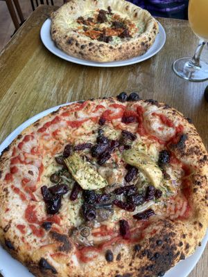 Veggie pizza (foreground), BBQ Bourbon (background)  at Purezza in Manchester