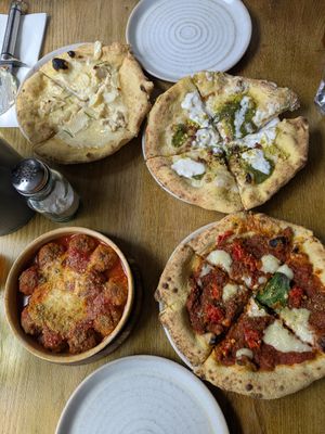 Sides: garlic sourdough, meatballs
Pizzas: pistachio, lasagna at Purezza in Manchester