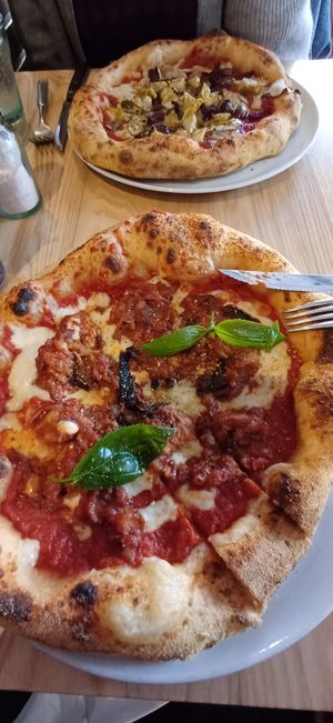 Parmagiana party (aubergine) and the Veggie pizza at Purezza in Manchester