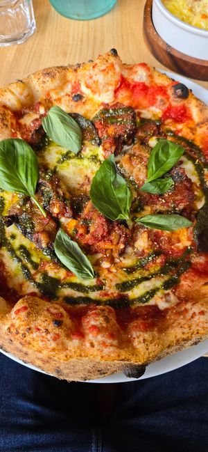 Aubergine parmigiana pizza at Purezza in Manchester