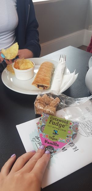 Vegan fudge and sausage roll at Hugh Street Cafe in Isle Of Scilly