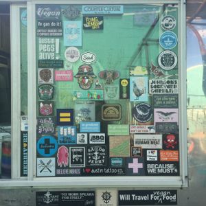 Austin veg love stickers at The Vegan Yacht in Austin