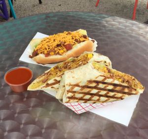 chili dog and frito burrito  at The Vegan Yacht in Austin